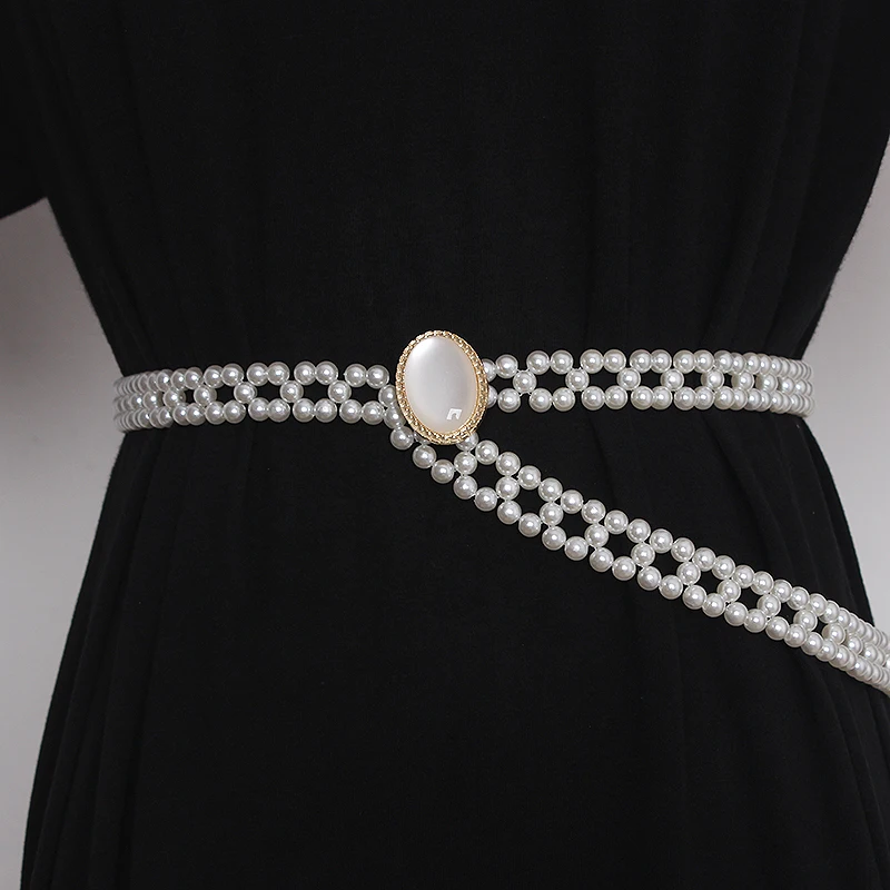 Women's Runway Fashion Pearl Knitted Cummerbunds Female Dress Corsets Waistband Belts Decoration Narrow Belt TB1947