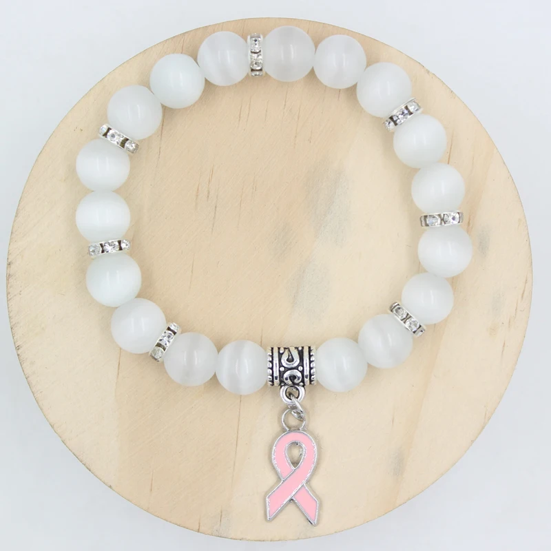 New Arrival Breast Cancer Awareness Jewelry White Pink Opal Beaded Bracelet Breast Cancer Pink Ribbon Charm Bracelets&Bangles