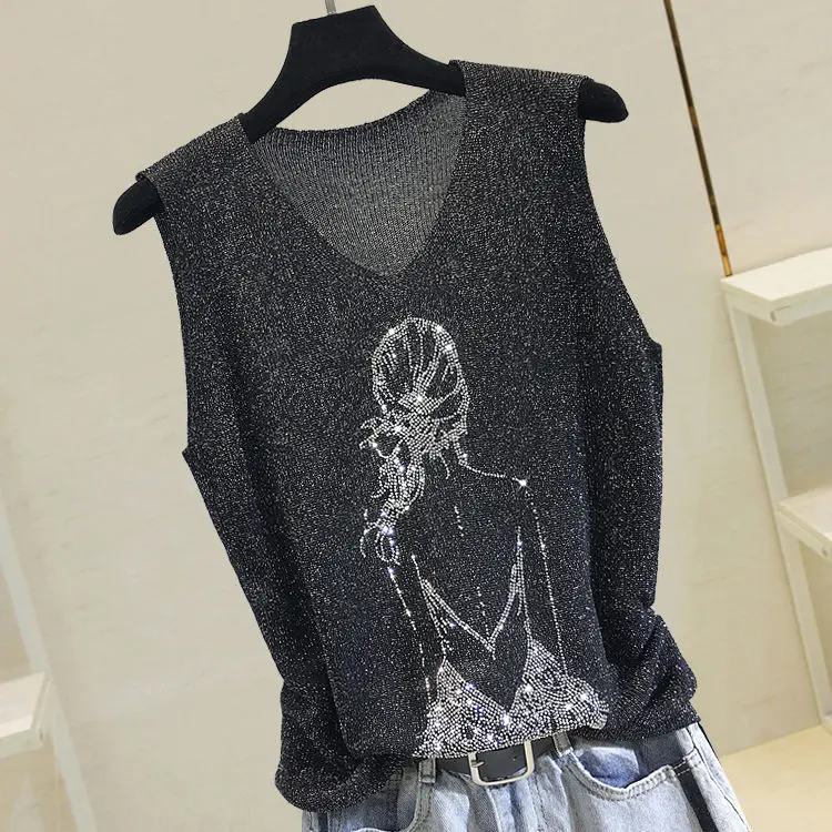 Hot Rhinestone Bright Silk Knitted Sweater Vest Women Fashion Thin Section Sleeveless Bottoming Sweater Vest Female Spring 2024