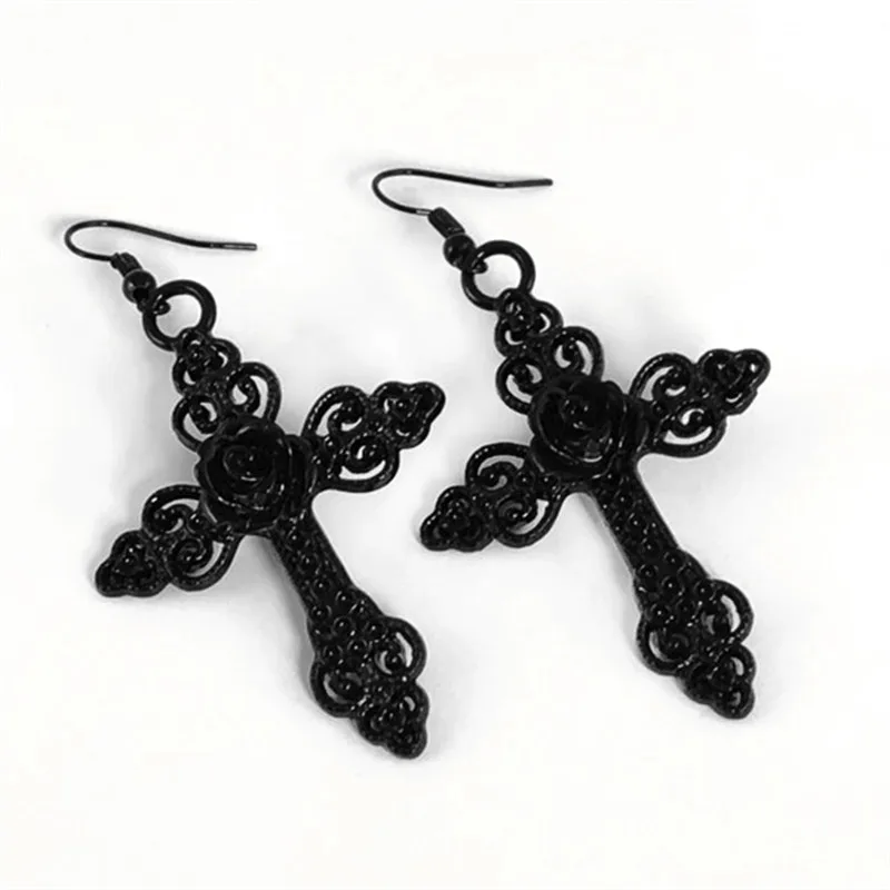 Gothic Cross Earrings with Black Rose Detail Trad Goth Fashion Jewellery unique big pendant women Classical gift beautiful new