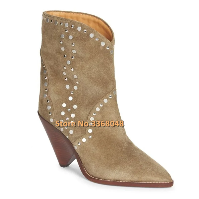 Suede Leather Rivets Studded Women Ankle Boots Fashion Pointed Toe Spike Heels Brown Boots Slip On Woman Gladiator Shoes