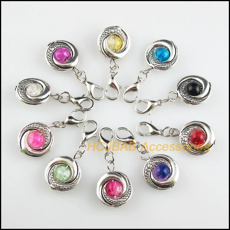 10 New Circle 15x19mm Charms Mixed Shivering Glass Tibetan Silver Plated Retro With Lobster Claw Clasps