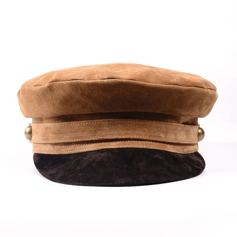 Fashion Unisex Real Leather Military Hat Autumn Sailor Hats for Women Men Flat Top Female Male Travel Cadet Hat Captain Cap