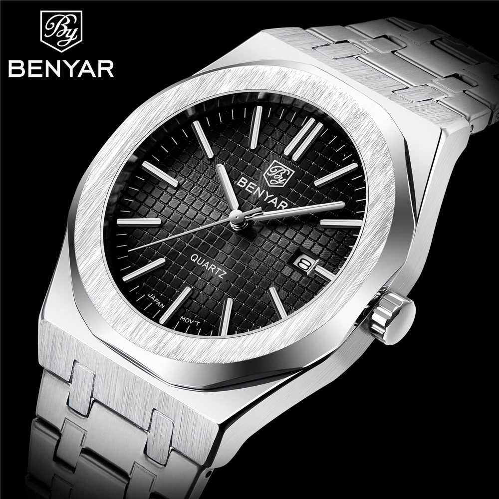 BENYAR Fashion Sport Watches Men Stainless Steel Strap Brand Quartz Watch Clock Relogio Masculino Reloj Hombre black