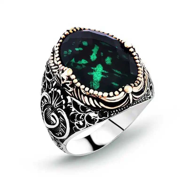 Silver Green Zircon Stone Men's Ring - 925 Sterling Men's Jewelry Wedding Birthday Gift - Box - Zircon Stone - Men - Fashion - Botiva - Size - Turkish - Patterned Embroidery