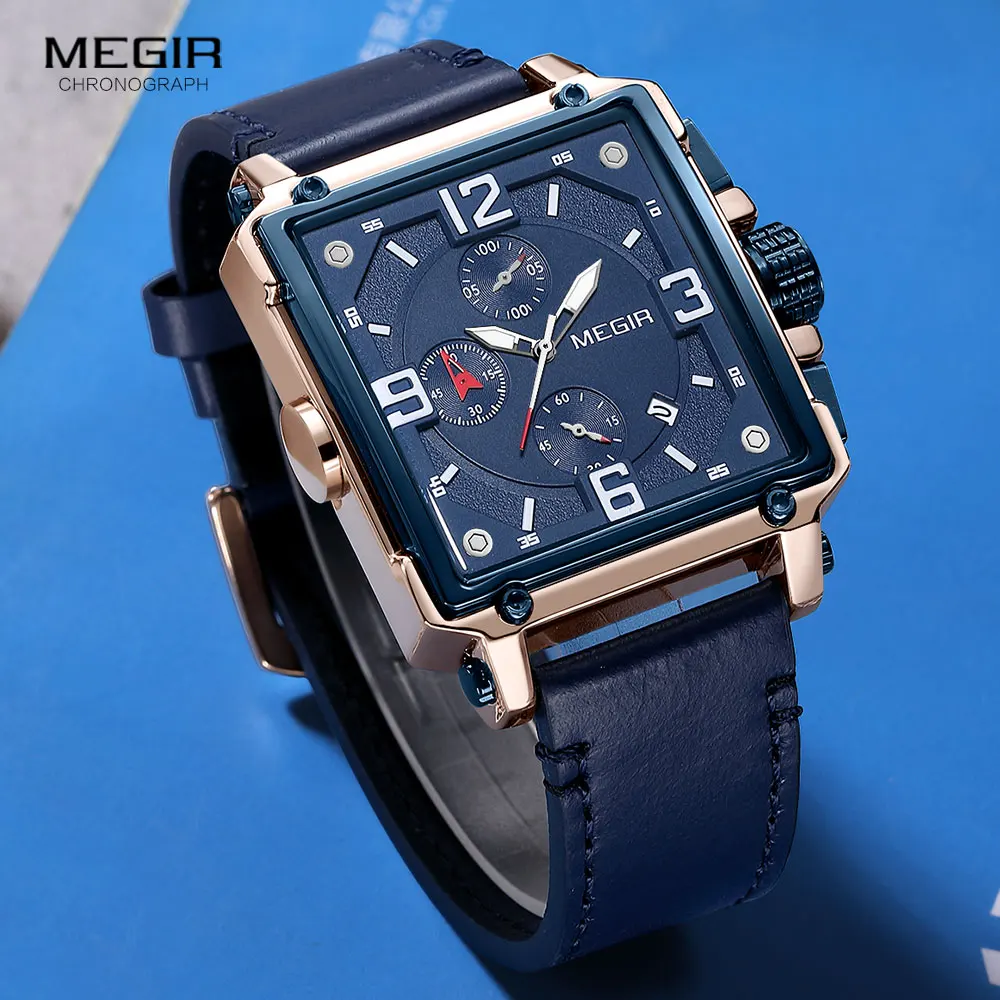 Relógios dos homens megir pulseira de couro azul relógio de quartzo para o homem cronógrafo de discagem quadrada relógio de pulso montres hommes orologi часы rejoj