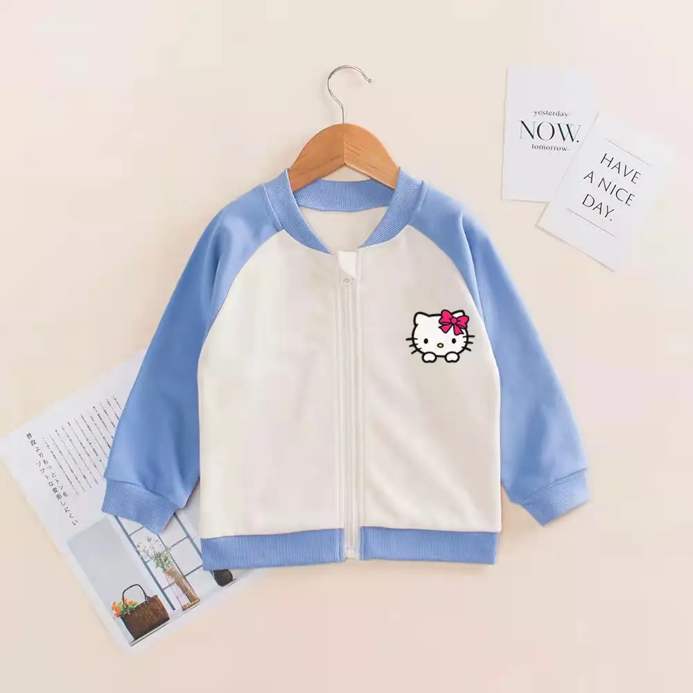 Hello Kitty Spring and Autumn Girl Thin Cute Round Neck Jacket Children Cartoon Fashion Cotton Baseball coat Children's Clothing