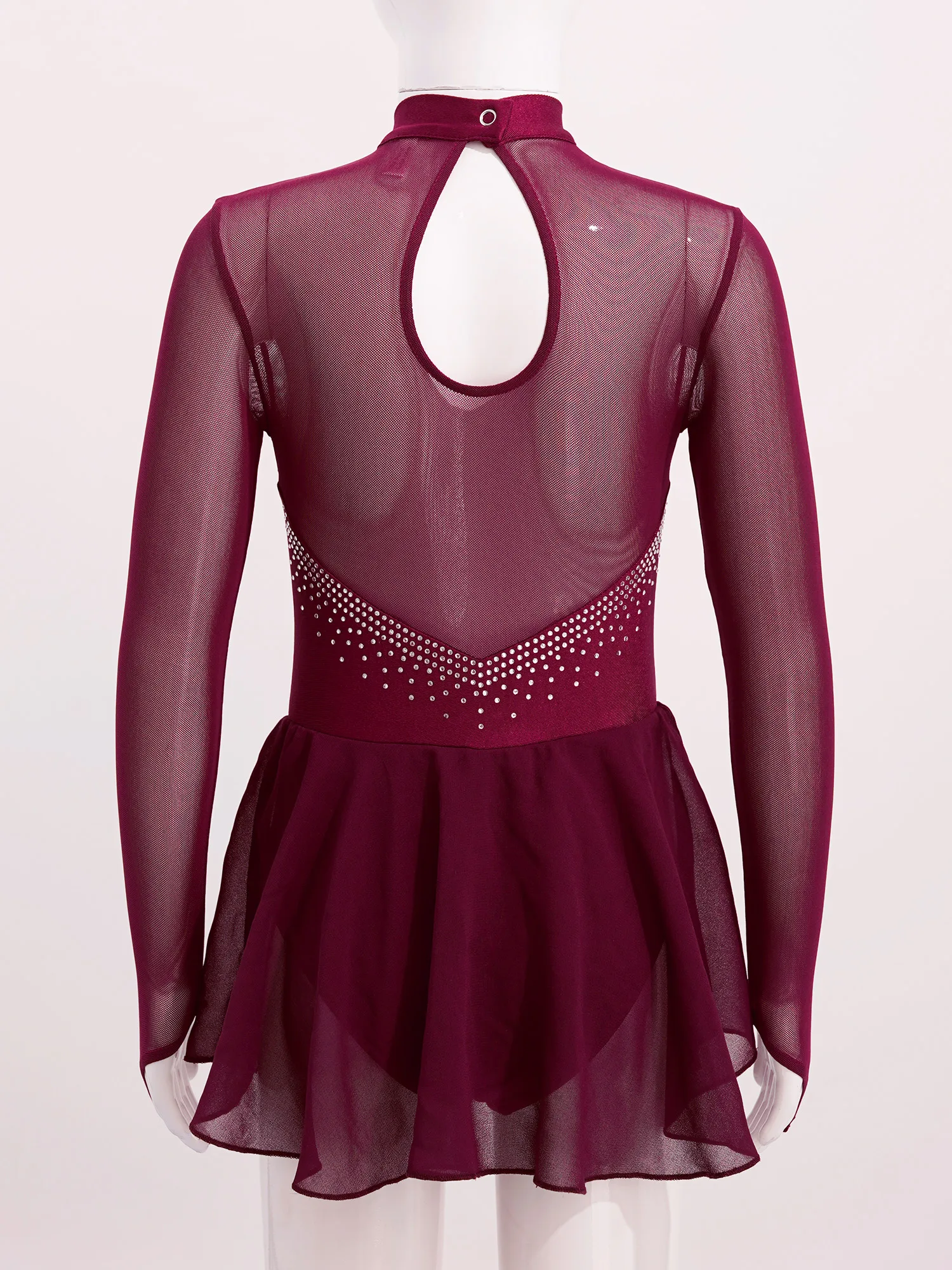 Robe élégante à manches longues pour filles, col rond, dos nu, en maille cristal, pour le patinage, danse de Ballet, gymnastique