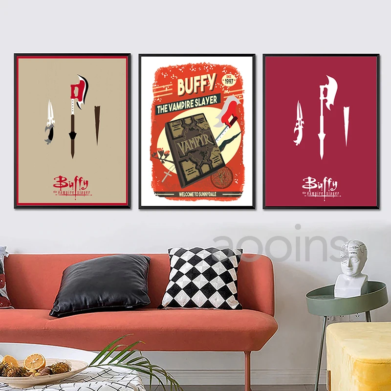 Buffy the Vampire Slayer Poster Minimal Art Print Scythe Knife Wooden Stake Buffy Wall Art Painting 90s TV Show Poster Pictures