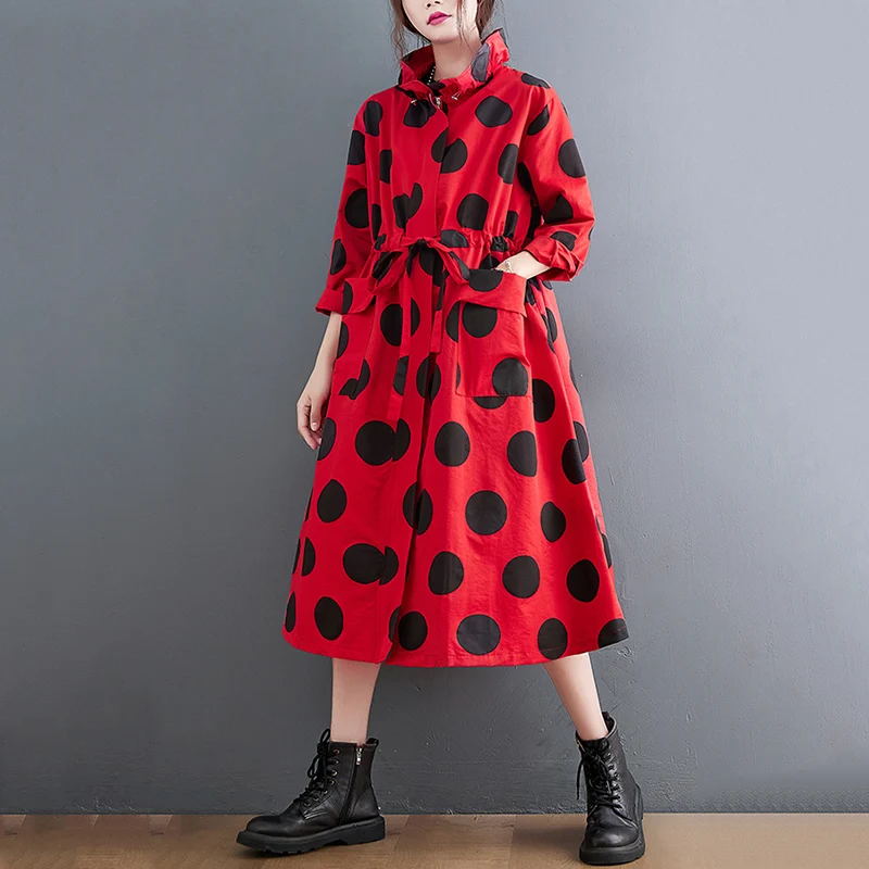 2026 Autumn Winter Oversized Polka Dot Long Trench Coat For Women Clothes Stand Collar Drawstring Fashion Casual Loose Outerwear