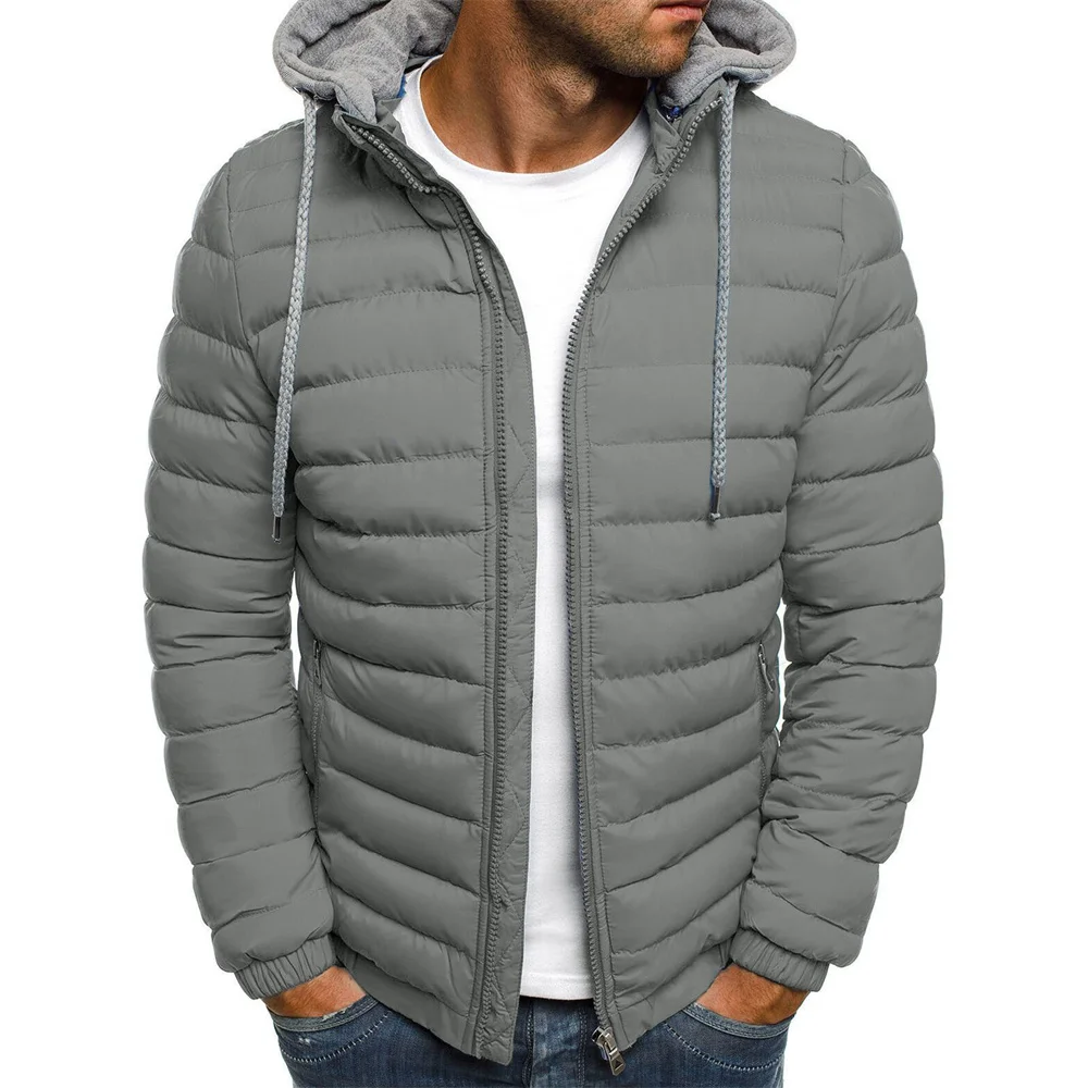 

Autumn Winter New Men Cotton Jacket Hooded Thickened Down Jacket Coats Solid Color Hooded Long Sleeves Zip-Up Jackets Outer Wear