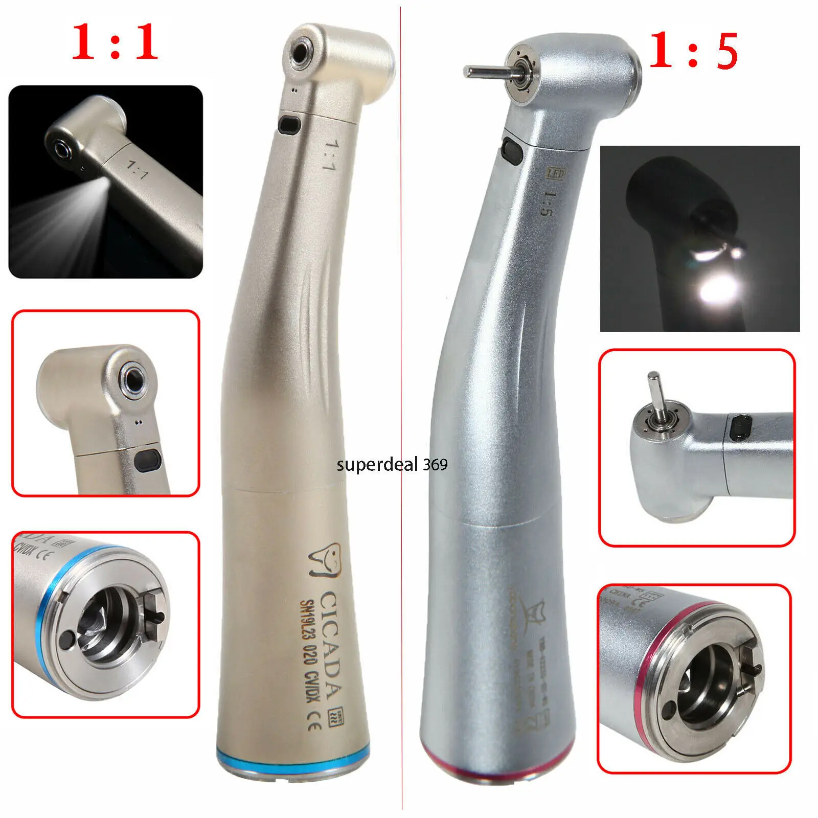 

Dental 1:5/1:1 Fiber Optic LED Contra Angle Handpiece Inner Push Fit KAVO NSK
