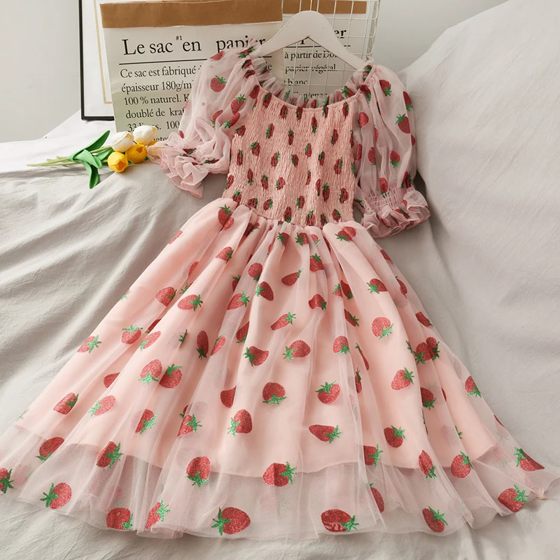 

Korean Kawaii Strawberry Tulle Dress Women Summer Puff Sleeve Sweet High Waist Elegant Female Sequin Mesh Party Holiday Dresses