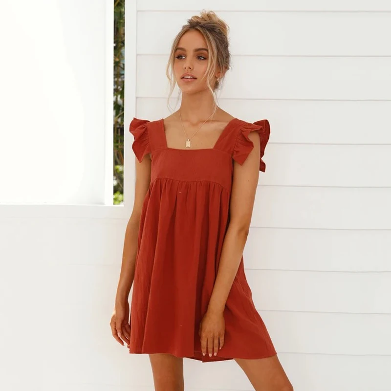 

Ardm женское платье Fashion Solid Color Ruffled Mini Dress A-Line Loose Casual Backless Femme Robe Summer 2021