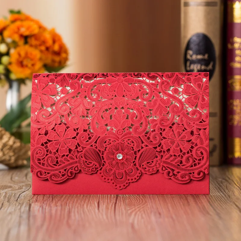 1pcs Rustic Wedding Invitations Card Navy Blue and Gold Red White Ivory Laser Cut Bride Groom Greeting invites Envelope marriage
