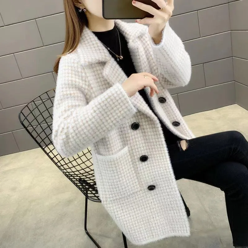 Faux Mink Cashmere Woolen Coat Women Mid Long Cardigan Outerwear Korean Winter Thick Loose Houndstooth Woolen Jacket Coat Female