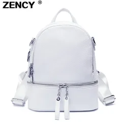 ZENCY Silver Meatal Hardware 100% Genuine Cow Leather Women Backpack Lady Girl First Layer Cowhide Book Bag Style Knapsack Purse