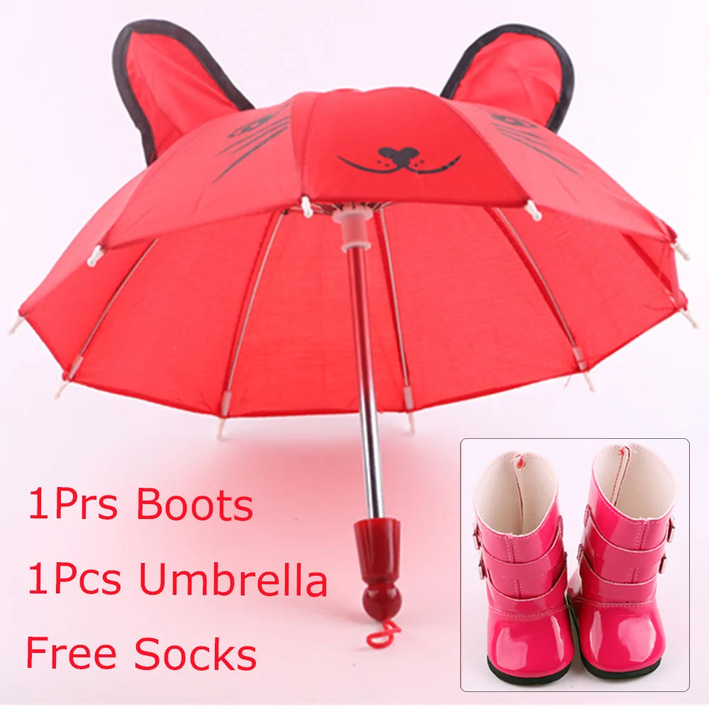 3Pcs/Set Doll Shoes Rain Boots Umbrella Socks Accessories For 18 Inch American of Girl&43Cm Baby New Born Reborn Doll Girl`s Toy