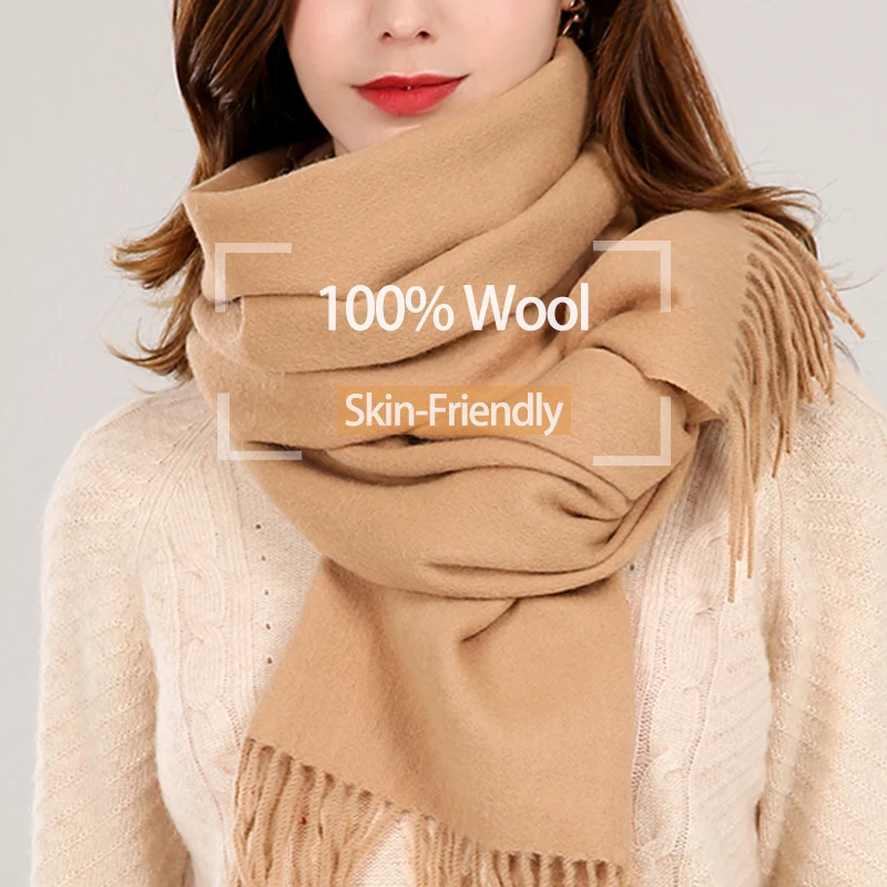 Winter 100% Real Wool Scarf Women Luxury Brand Shawls Camel Cashmere Scarf Bufandas Solid Pashmina Thicken Warm Foulard Femme