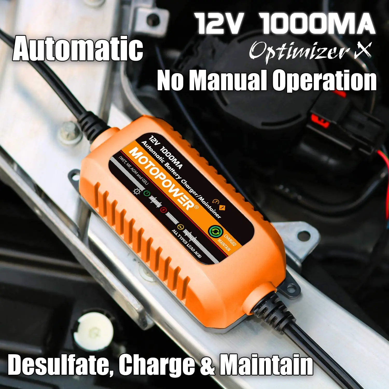 MOTOPOWER MP00205B-R 12V 1000mA Automatic Battery Charger, Battery Maintainer, Trickle Charger, and Battery Desulfator with Time