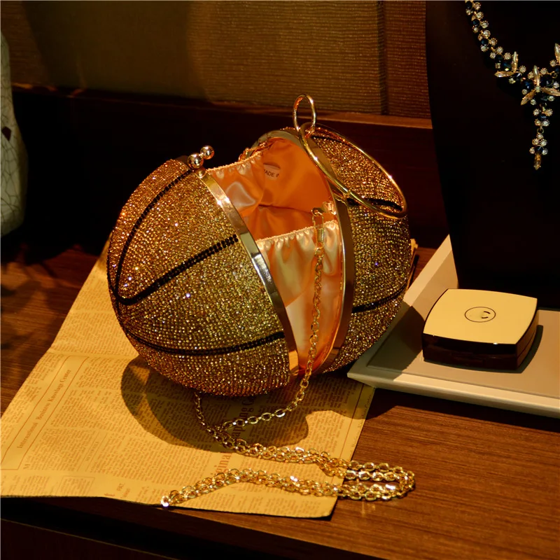 3D Diamond Basketball Round Ball Gold Pink Clutch Purses For Women Evening Rhinestone Handbags Ladies Party Dinner Totes Bag