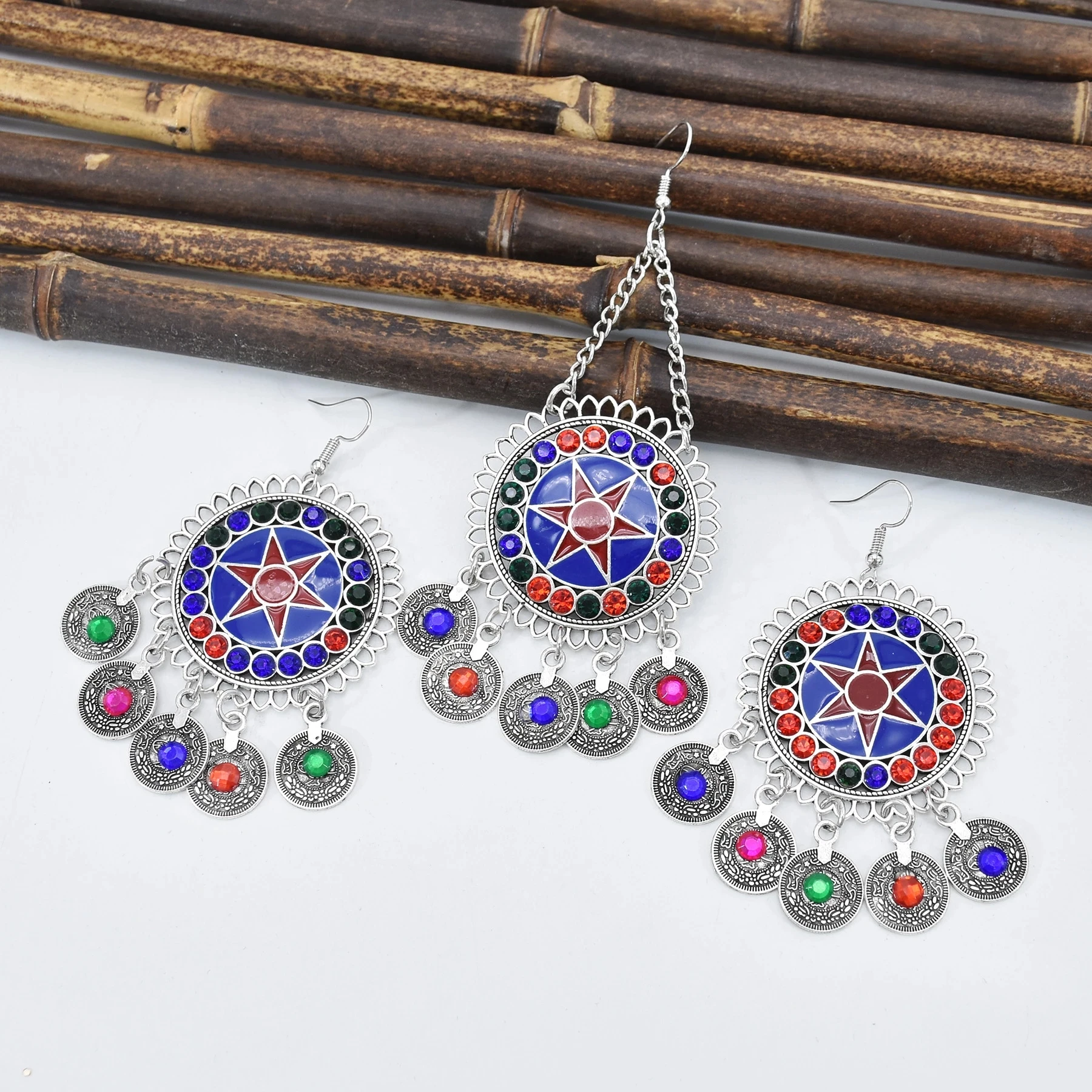 Vintage Color Rhinestone Coin Necklace Earrings for Women Ethnic Tribal Hair Clip Afghan Turkish Gypsy Statement Jewelry Sets