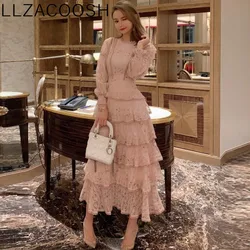 Vintage Spring Women Lace Embroidery Sweet Ruffles Layered Midi Long Dress Elegant Princess Party Holiday Dress Vestidos