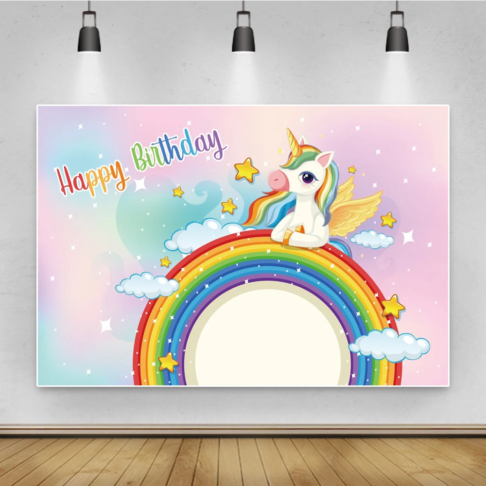 

Laeacco Sweet Rainbow Unicorn Colorful Star Happy Birthday Photo Backdrop Baby Child Protrait Photocall Photography Background