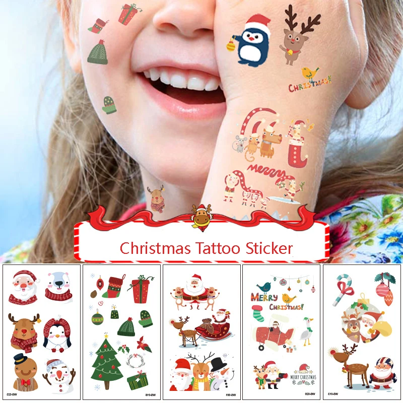 10PCS hildren's Christmas Tattoo Sticker Waterproof Temporary Cartoon Fake Santa Claus Body Transfer Art Kid Toy Decorate Gift