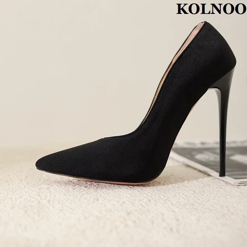 

Kolnoo Handmade Women Stiletto High Heels Pumps Black Satin Party Office Dress Shoes Slip-on Evening Daily Wear Fashion Shoes