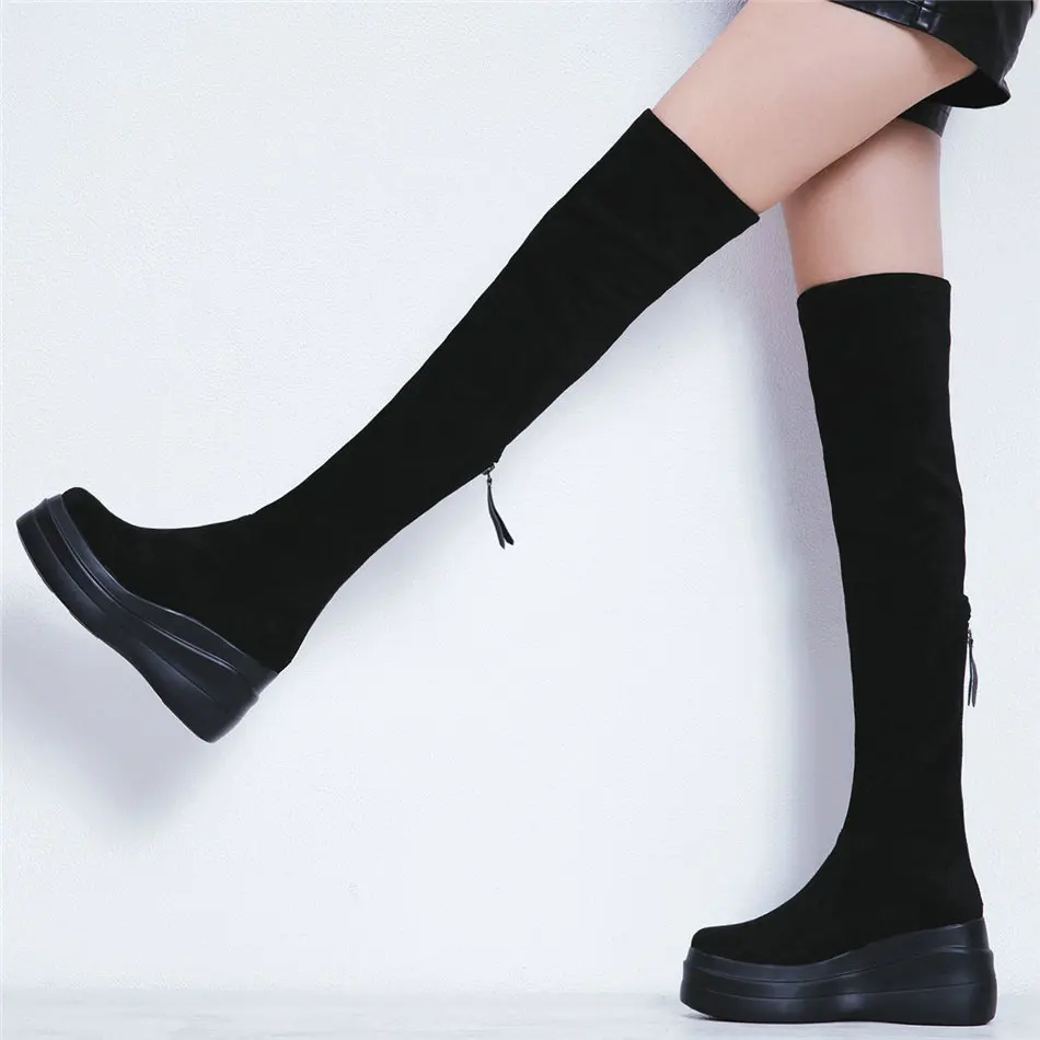 Thigh High Fashion Sneakers Women Velvet Stretchy Wedges High Heel Over The Knee High Boots Female Chunky Platform Pumps Shoes