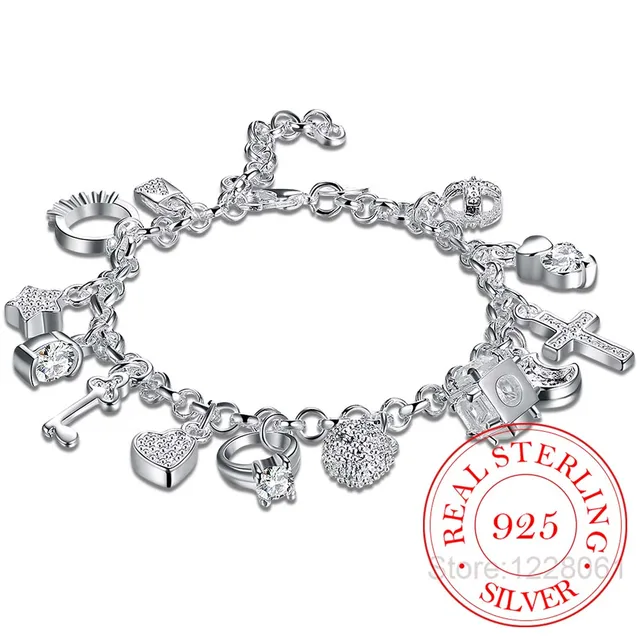 925 srebro 13 charms z krzyżową blokadą Key Heart Star Moon Flower bransoletka z cyrkoniami bransoletka damska doskonałe akcesoria do biżuterii