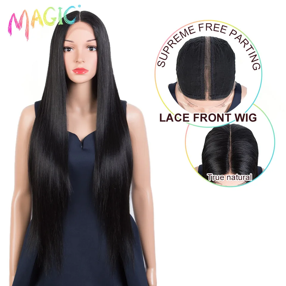 Magic 32inches Super Long Straight Wig Nature Middle Part Black Wig Heat Resistant Synthetic Lace Wigs For Black Women