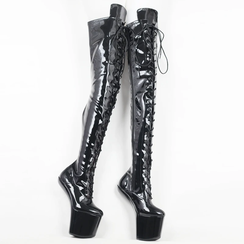 JIALUOWEI 20CM tacco alto Fetish heelless gothic lace-up platform hoof ballet patent boots EU36-46