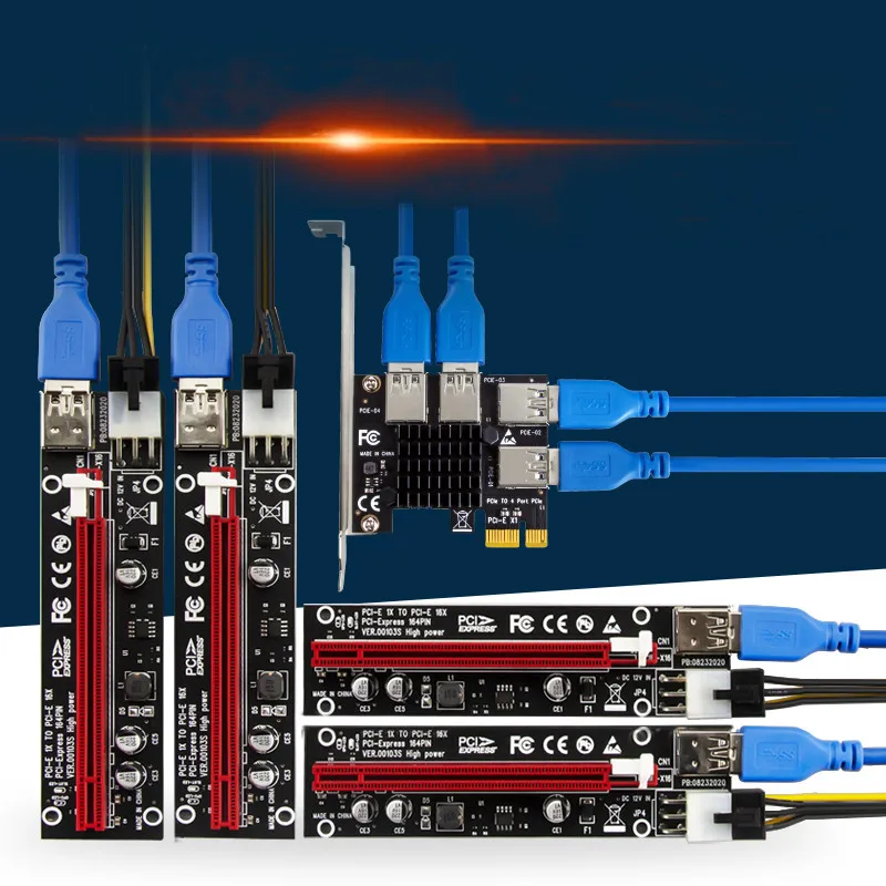 

PCI-E 1 to 4 Riser Card PCIE Riser for Video Card Cabo Riser PCI Express X16 USB 3.0 6 Pin Power Supply for Bitcoin Miner Mining