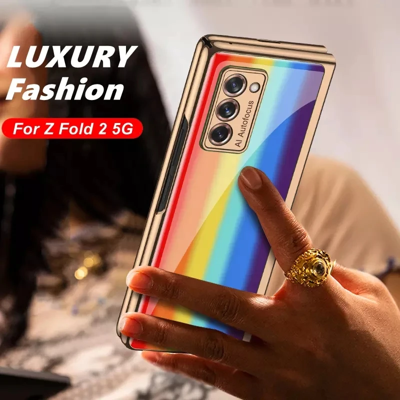 Luxury Fashion Tempered Glass Fold Case for Samsung Galaxy Z Fold 2 Rainbow Plating Frame Shockproof Back Cover for Fold2