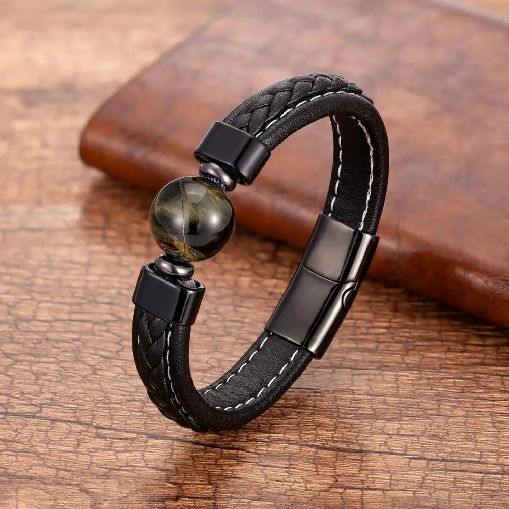 Trendy Genuine Leather Bracelets Men Stainless Steel Clasp Charm Bracelet For Male 6 Style Natural Tiger Eye Lava Stone Jewelry