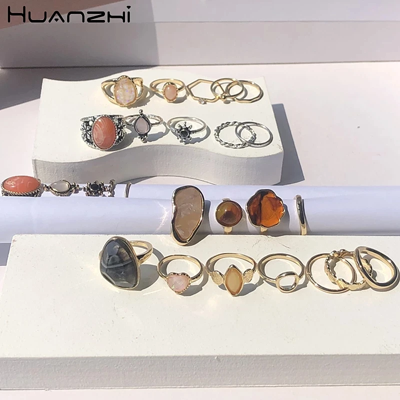 HUANZHI Vintage Summer Colorful Stone Metal Finger Rings Korea Hit Rings for Women Girl Wedding Party