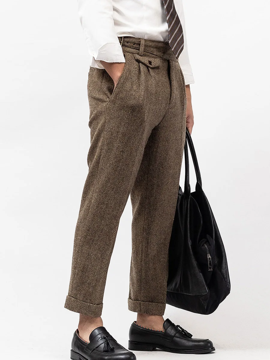 Pantaloni Casual da uomo in Tweed a spina di pesce retrò da uomo modello a lisca di pesce Gurkha pantaloni dritti Slim stile Ivy Street Shooting
