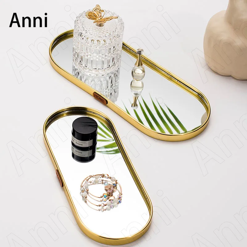 Golden Stroke Oval Mirror Tray Nordic Modern Electroplating Process Metal Jewelry Cosmetic Storage Tray Living Room Decoration