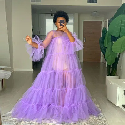 Lavender  Women Puffy Sleeve Tulle Dresses Long Sleeve Sheer Tulle Dress Plus Size Women Maxi Wear Birthday Party Gown Custom