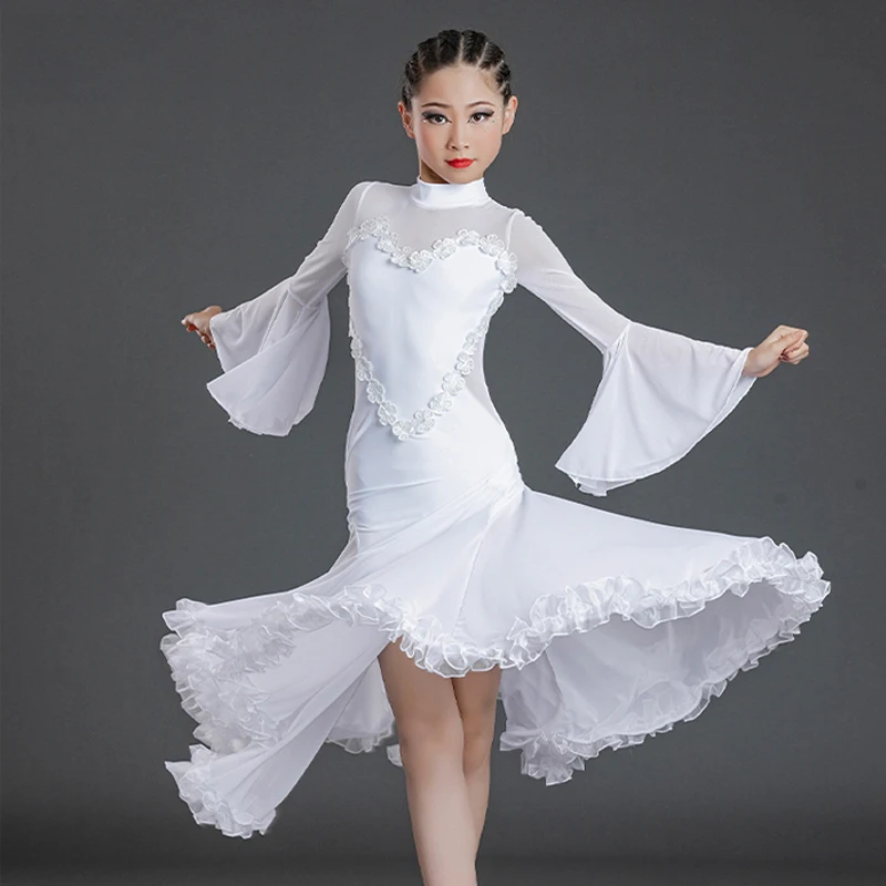 فستان بناتي أبيض طويل الأكمام للرقص ، فستان رقص للأطفال ، سالسا تانجو ، ملابس أداء المسرح ، فالس ، SL6098