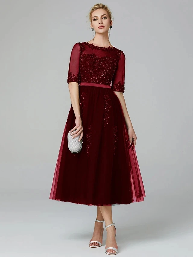 Robe De soirée Vintage verte/bordeaux, Illusion De cou, paillettes appliquées thé, longueur Tuell, Robe De bal