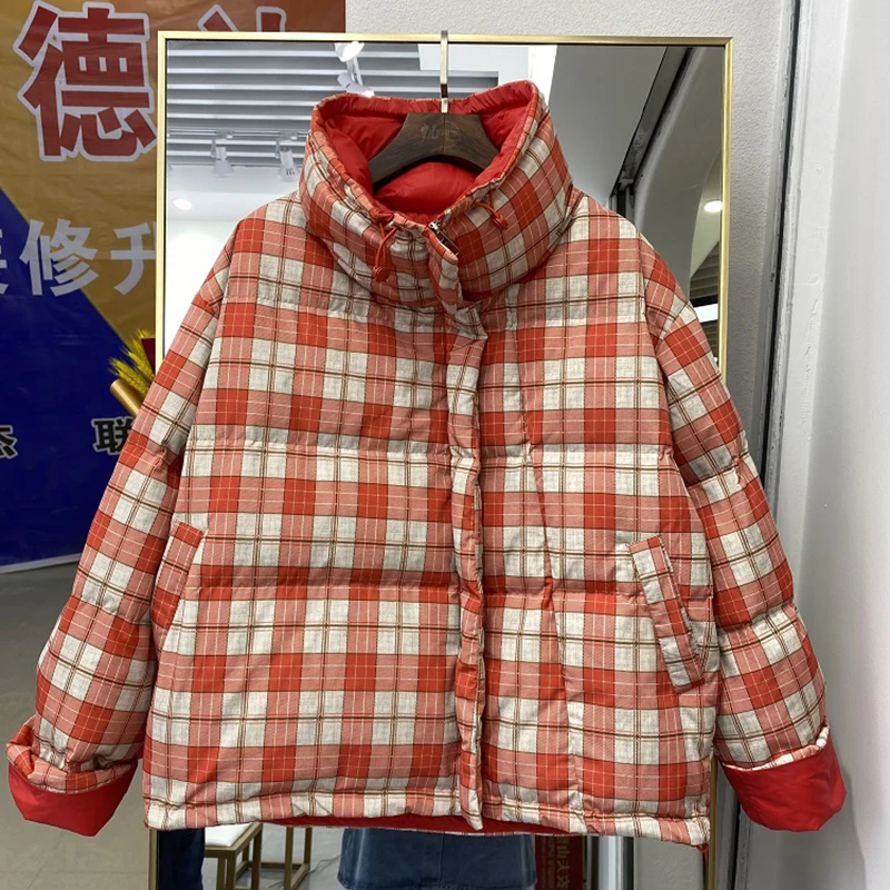 Casual Women 90% White Duck Down Jacket Autumn Winter Warm Outwear Casual Stand-up Collar Oversize Coat New Plaid Parkas Female