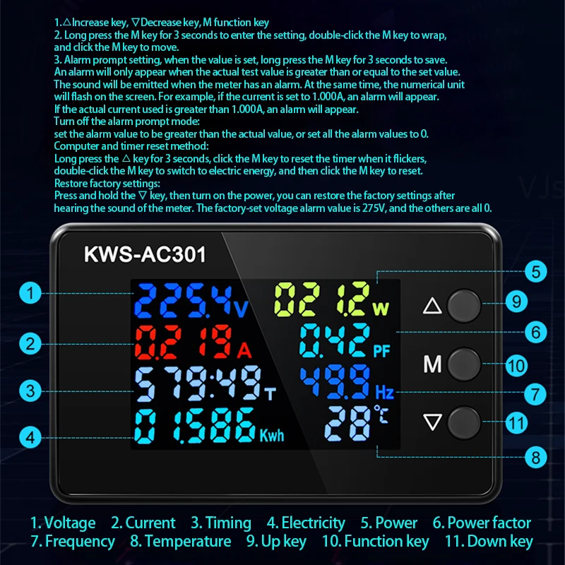 Woltomierz LED woltomierz cyfrowy AC watomierzy 50-300V 0-100A Ampermeter 8 w 1 licznik elektryczny dedykowany układ KWS-AC301