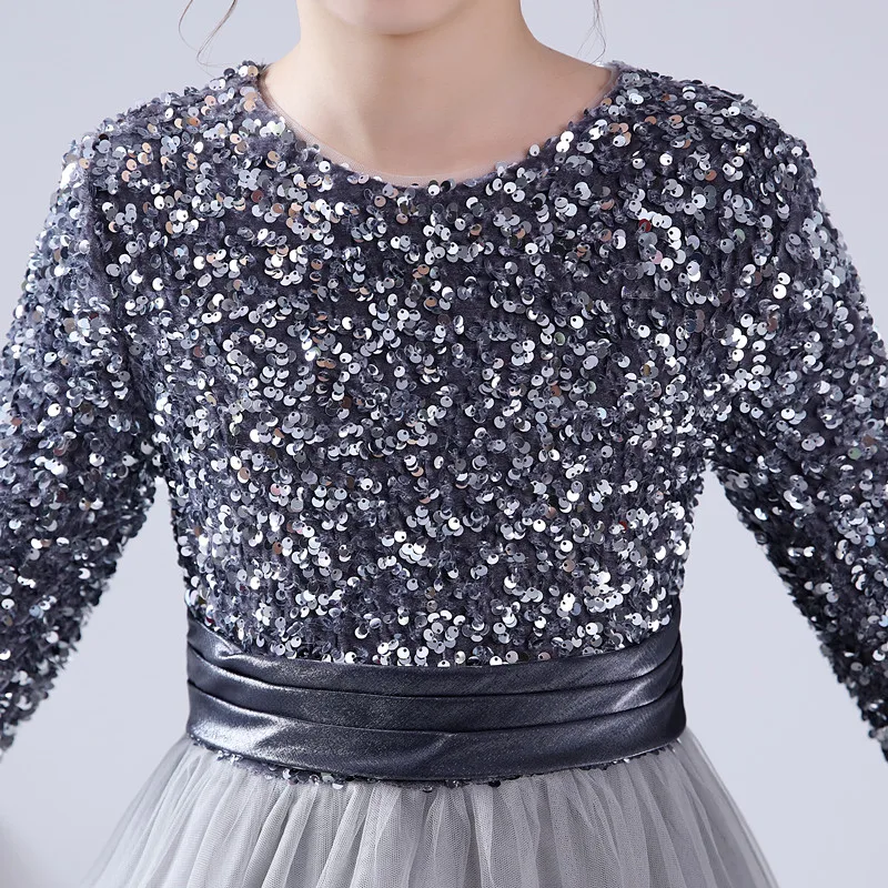 Dideyttawl personnalisé Junior filles fête formelle robe de princesse à manches longues gris paillettes fleur filles robe de mariage fête d'anniversaire