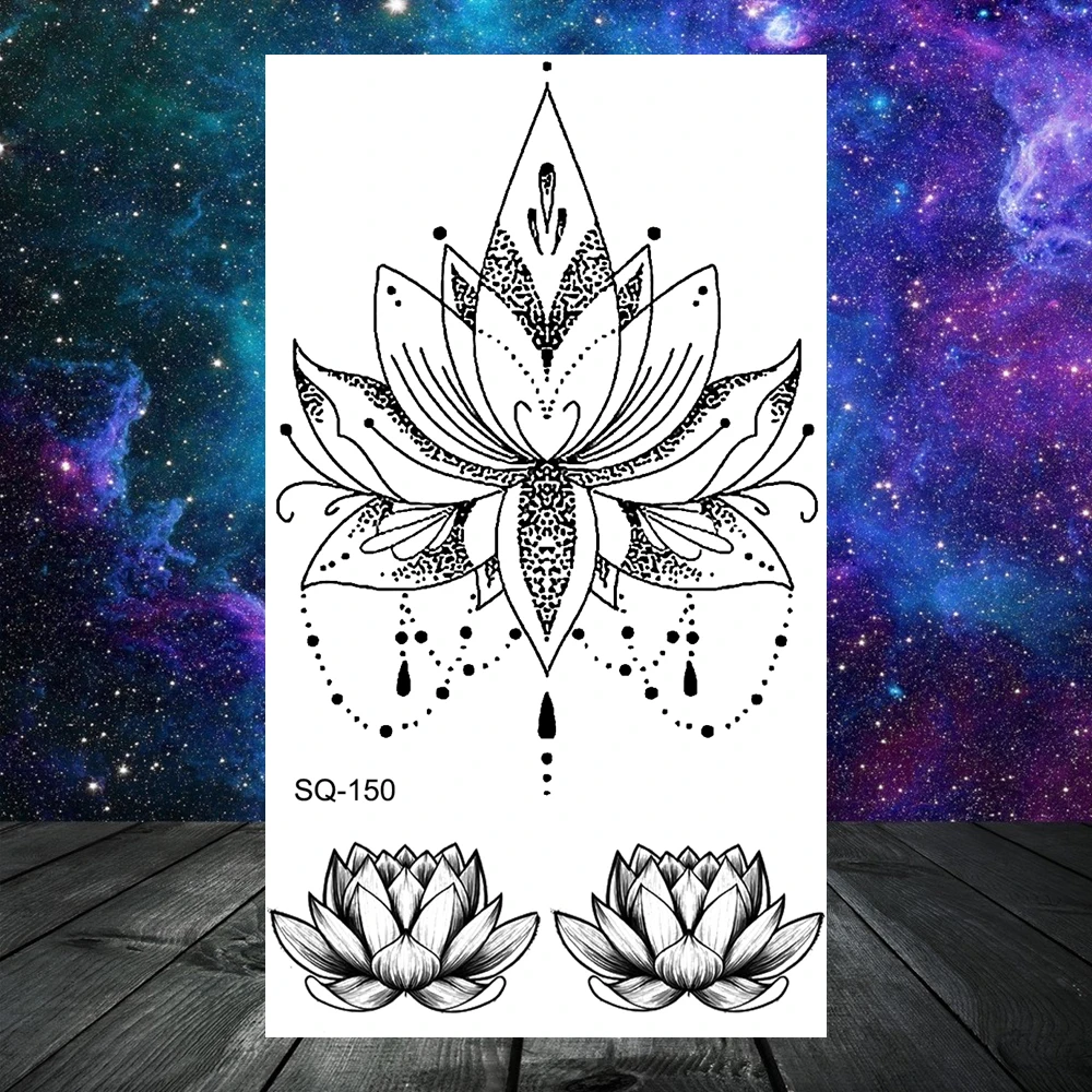 3D Black Lotus Hanger Tijdelijke Tatoeages Voor Vrouwen Volwassen Boog Knoop Maan Tatoo Arrow Cross Anker Kroon Fake Tattoo Kleine