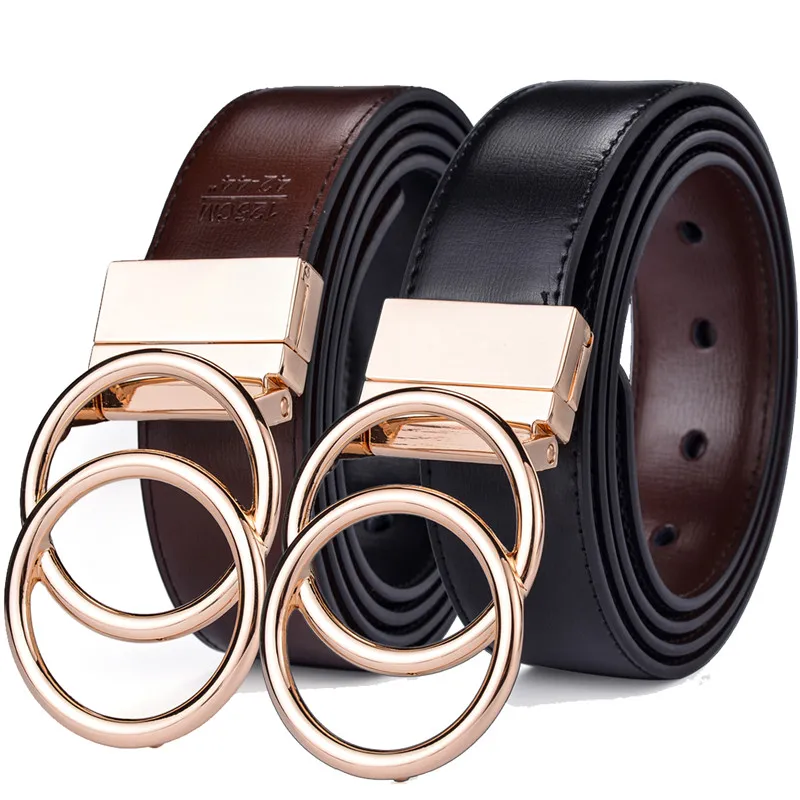 Women Leather Reversible Belt Double O Ring Rotate Buckle Two Side