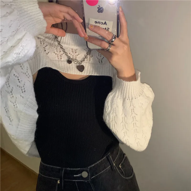 Karrram Simple Knitted Solid Long Sleeve Hollow Short Pullover Women Sweater Knit Fall Crop Top Sexy Outfit Cropped Cape Cloak