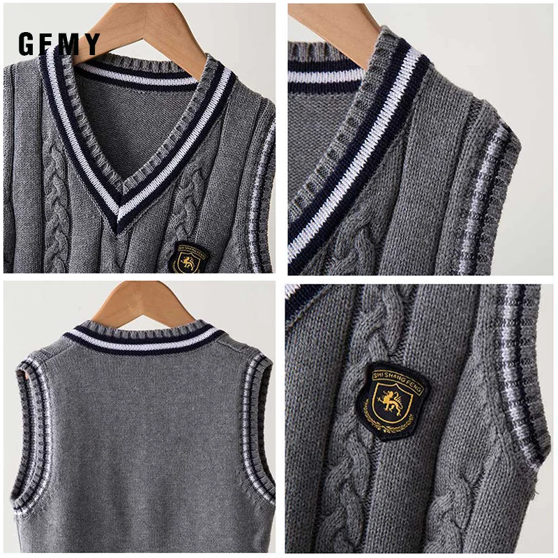 GFMY 2019 Autumn 100% Oxford Textile Cotton Solid Color 3T-14T boys white Shirt+ weater vest 2pcs Kid Casual School Clothes
